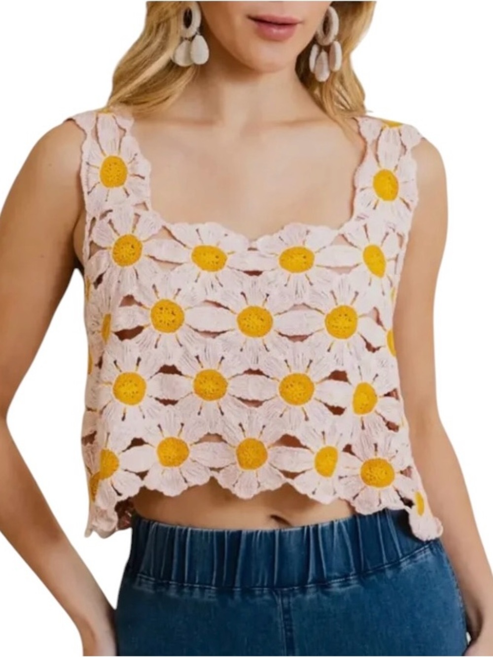 Spring Daisy Crochet Crop Top Cotton Sizes M/L Tank Top Boho Natural